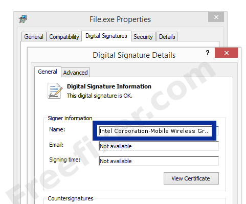 Screenshot of the Intel Corporation-Mobile Wireless Group certificate